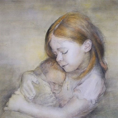 Hand Drawn DaVinci Sketch Portrait of A Little Sister Holding Her Baby Sibling,by myDaVinci - myDaVinci